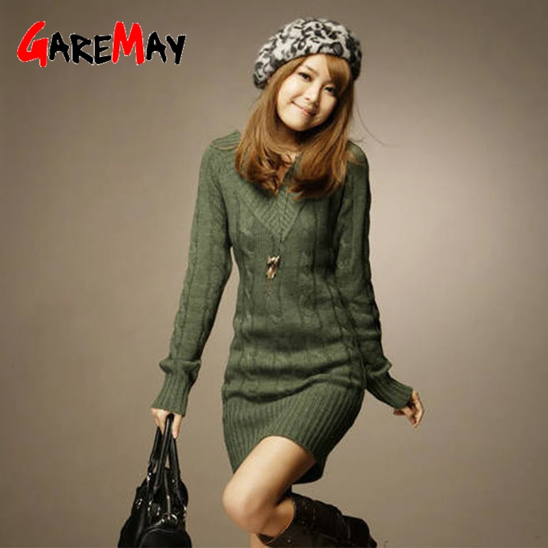 Plus Size Sweater Dress Female Winter Warm Thick Coarse Knitted Long Sleeve Elastic Bodycon Ladies Jumper | Женская одежда