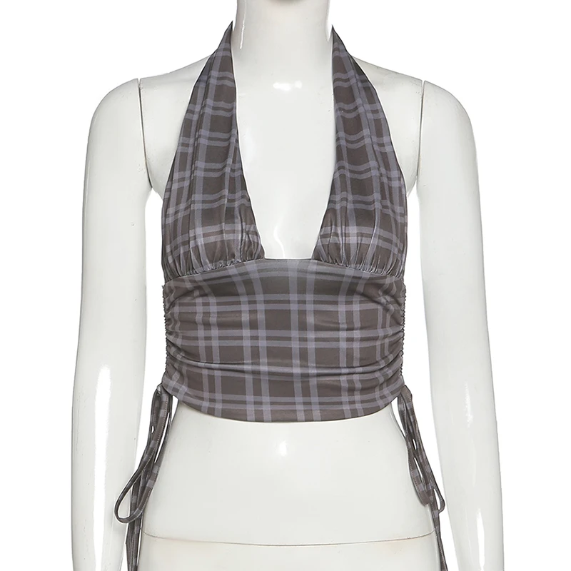 

Y2K Halter Backless Women Tank Tops Plaid Sleeveless Elegant Slit Drawstring Sexy Bandage Chic Deep v Corset Vest 2021