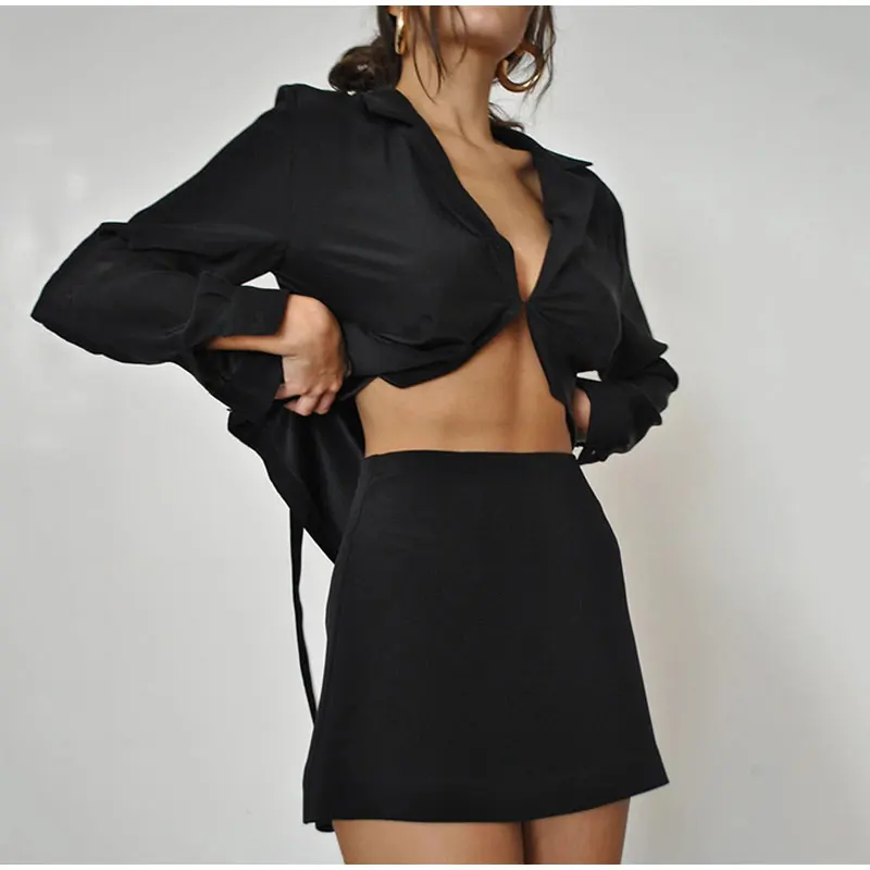 

Women Suit Skirt Solid Sexy Notched Covered Button Female Two Piece Long Sleeve Top High Waist Mini Skirt Summer Office Lady