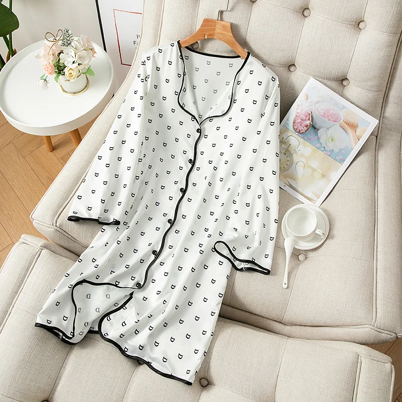 

Satin Nightdress for Women Long Sleeve Autumn Summer Buttons Nightgowns & Sleepshirts Woman Sleepwear Princess white Outwear Pjs
