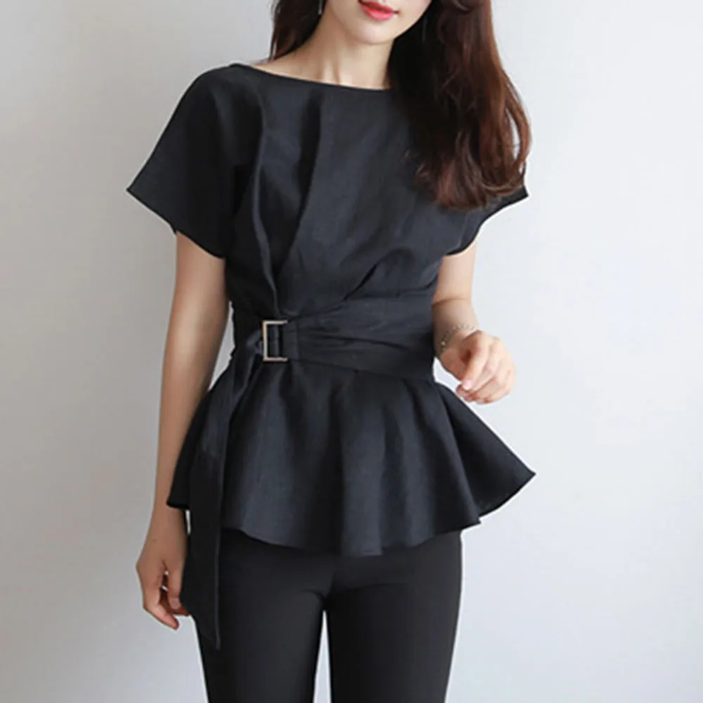 

2021 Summer New Japanese Style Korean Fashion Lace Round Neck Casual Blouse Draw Back Solid Color Temperament Casual