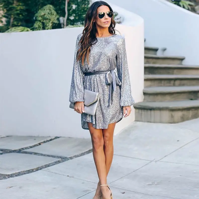 

Women 2021 Slim Lantern Sleeve Round Neck Belt Sequined Dress Women