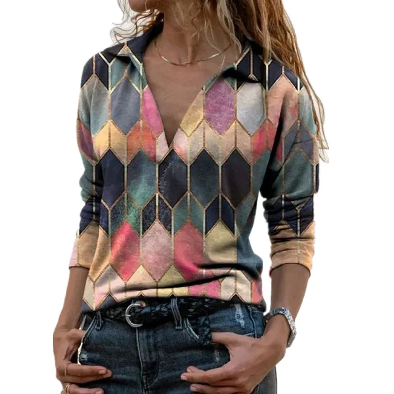 

Women Autumn Tees Turn-down Collar Deep V Neck Long Sleeve Geometric Printed Pullover Loose T Shirts Lady Tops Rhombus Casual