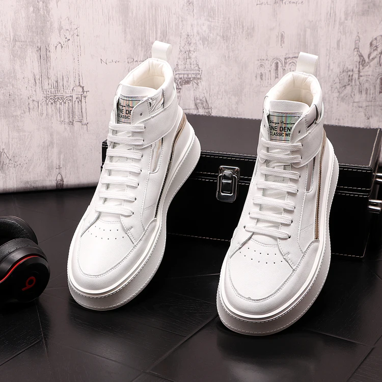 Beli Sepatu Atasan Tinggi Pria Baru Sepatu Kasual Kulit Putih Sepatu Bot Pergelangan Kaki Hip Hop Sneakers Mewah Desain Punk Zapatillas Hombre