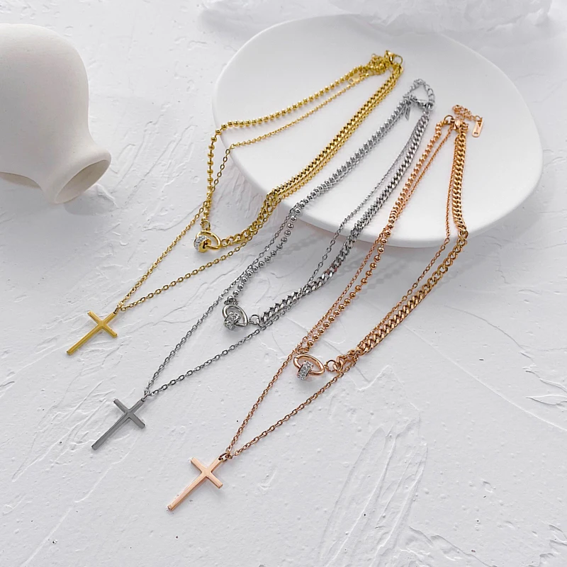 

Cross Ring Double Layer Necklace ins Style Zircon Ring Cross Necklace Fashion Girl Women Party Stainless Steel Jewelry