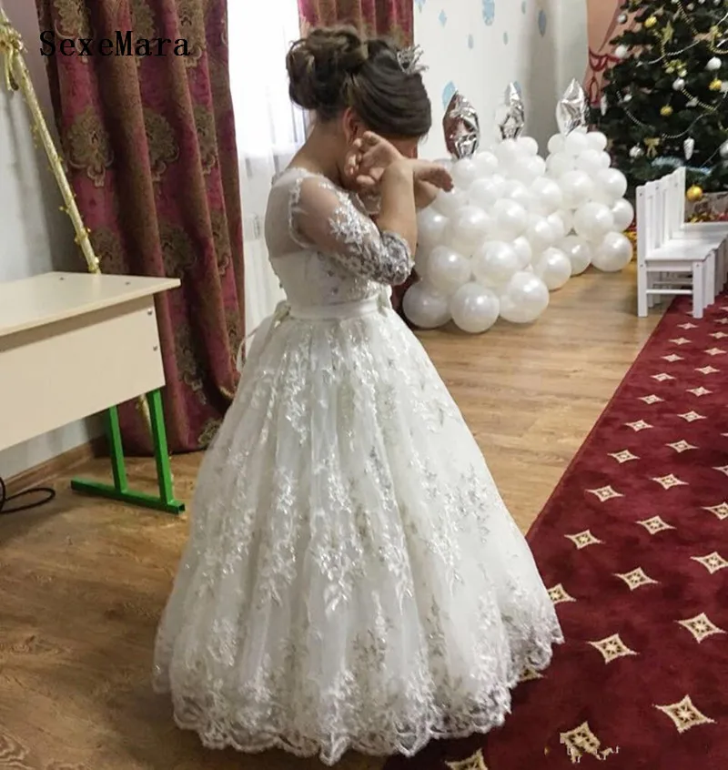 

Lace Beads White Ivory Girls Clothes O Neck Half Sleeves Kids First Communion Dress Pageant Gown Wedding Party Gown for Girls