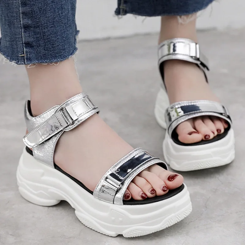 Platform Women's Sandals PU Leather Silver Casual Fashion Hook&ampLoop Ladies Shoes Wedge Women Beach 2048w | Обувь