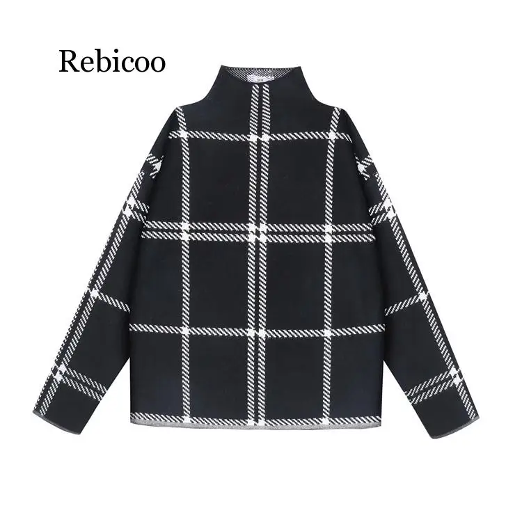 

2019 Ins Winter New Women's Pullovers Sweater Fashion Plaid Turtleneck Loose Knit Full Sleeve Korean Casual Tops
