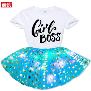 Summer Kids Baby Girls Custom Printing Tops T-shirt +Glow Sequins Skirts Dress Outfit Clothes Set 2021 Summer Short T Shirt Set