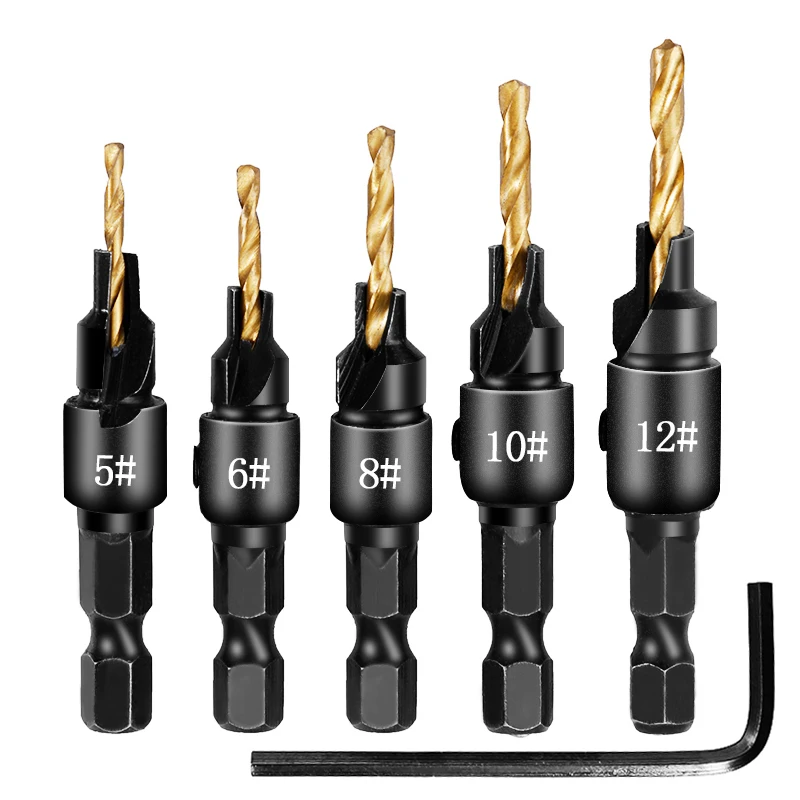 

5pcs Countersunk Hex Shank Taper Drill Bits 5 6 8 10 12 Woodworking Drill Tools