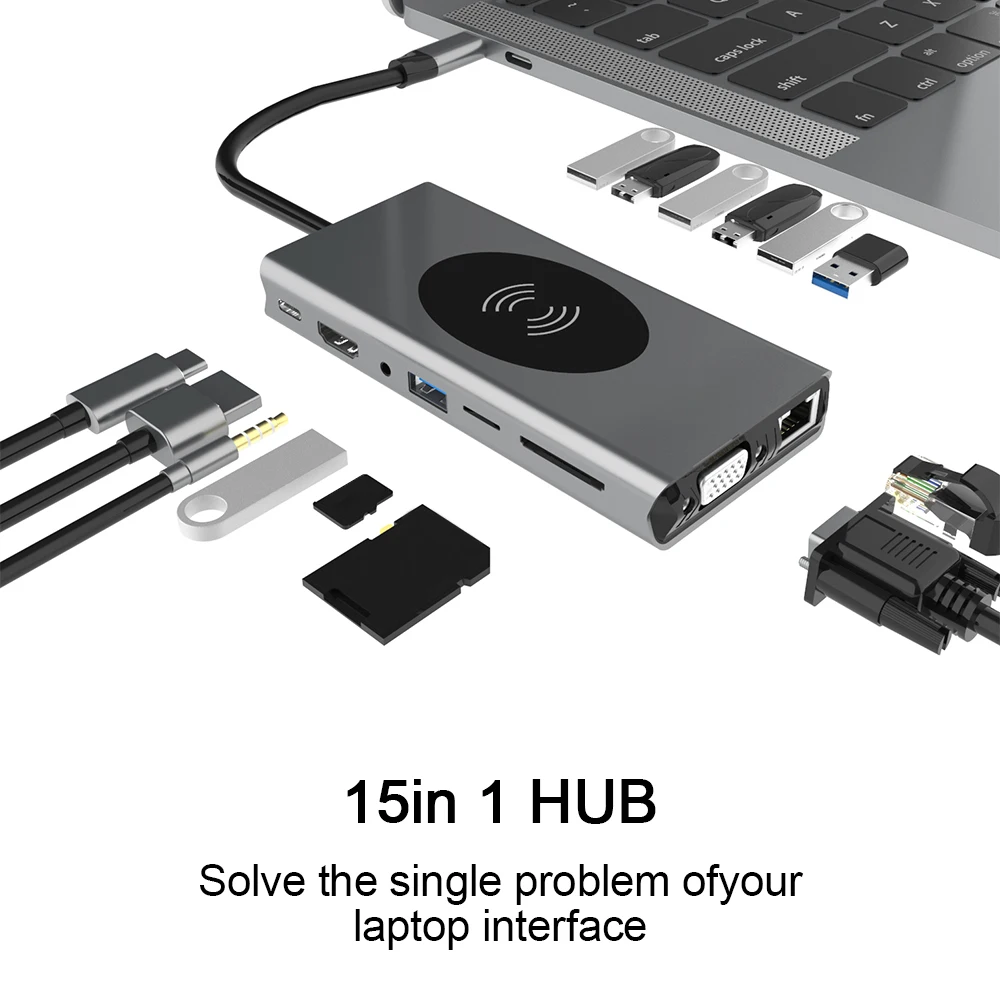 

BX15W 15 в 1 Type C Hub 4K 1080P HDMI-совместимый + VGA Беспроводная фотография Поддержка SD/TF для телефона Android компьютера