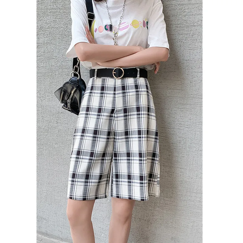 

2021 New Thin Loose Five-Point Lattice Shorts Women's Summer Elastic Tight Waist Leisure Vacation Wide-Leg Pants