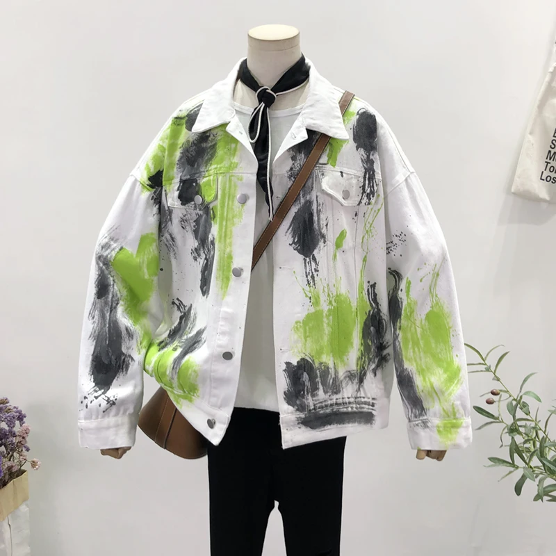 

Streetwear Fashion Graffiti Print Denim Jacket Spring Autumn Loose Oversized Long sleeve Casual Jeans Jackets Female Basic Coat