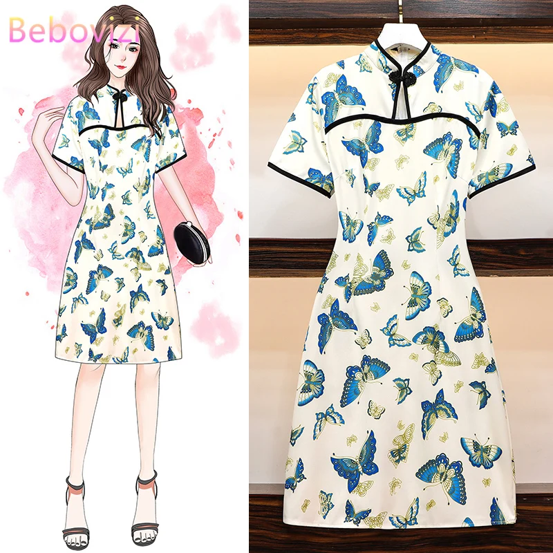 Женское платье-миди с коротким рукавом в винтажном китайском стиле |