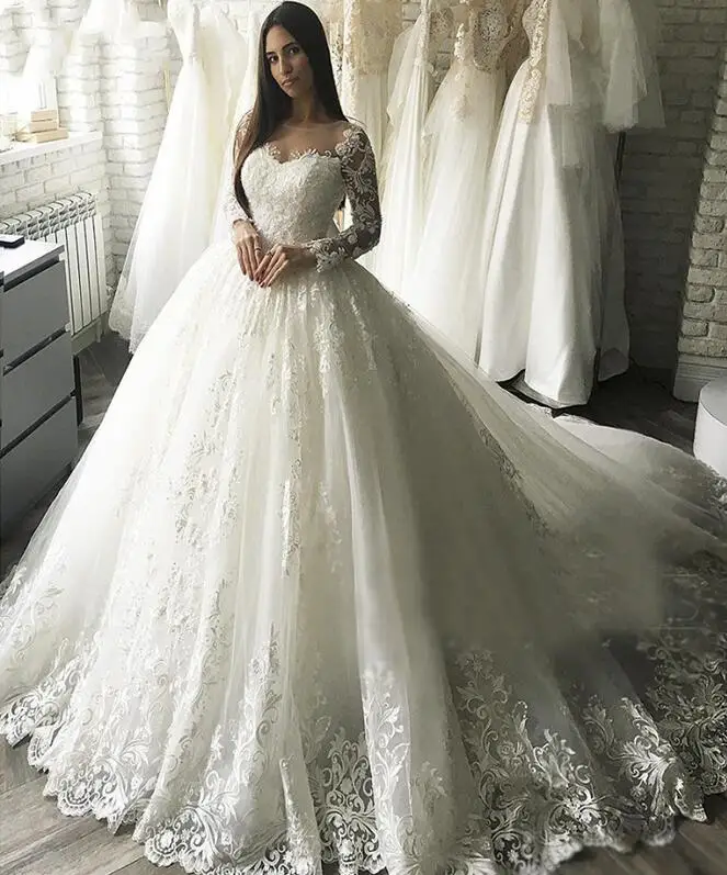

Gorgesous White Ivory Long Sleeves Ball Gown Lace Wedding Dresses Bridal Gown Celebrity vestido De Noiva Luxury robe de mariee