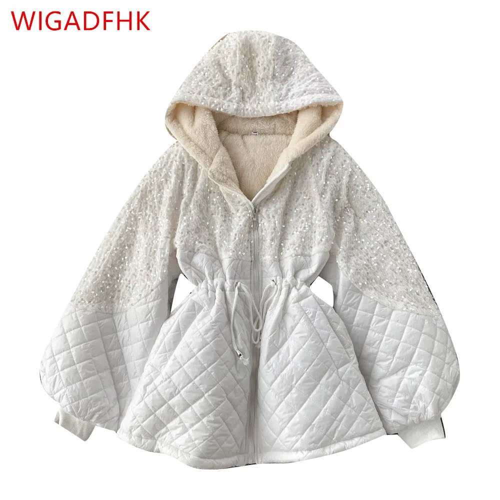 

Модная куртка на хлопковом наполнителе с капюшоном и блестками, с завязкой на талии и флисовой подкладкой, зимняя женская парка в уличном ст...