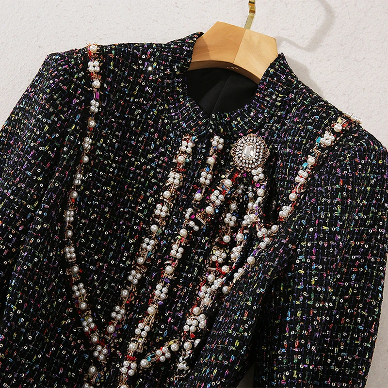 

VERDEJULIAY Autumn Winter Women Sets High Quality Office Ladies Beading Diamonds Ruffles Coat +Trumpet Skirt Luxury Sequined Set