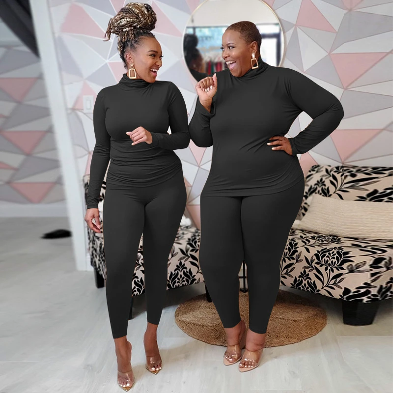 

Plus Size 2 Piece Set Women S-5XL Turtleneck Long Sleeve T Shirt and Pants Leggings Stretchy Knitted Sets Wholesale Dropshipping