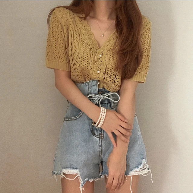 

Comelsexy Gentle Vintage V-Neck Hollow Out Sexy Short Sleeves Summer Stylish Women Chic Retro All Match Loose Knitted Sweaters