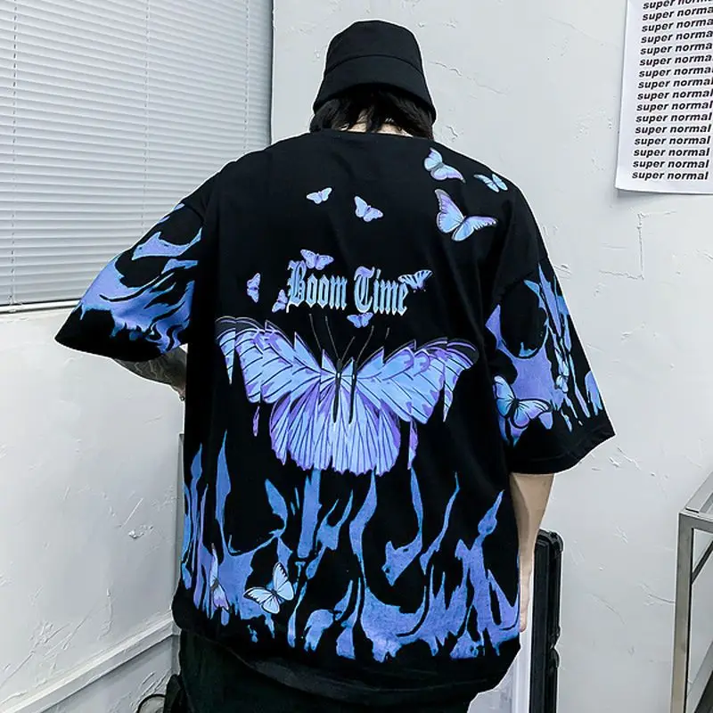 

Butterfly printed T-shirt man oversized short-sleeved 2021 summer new national trend hip-hop personality bf style couple clothes