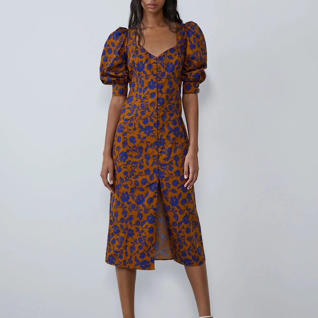 Женское винтажное прямое платье миди длинное с квадратным вырезом буффами на