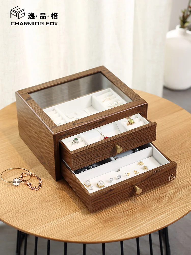 

Jewelry Box Storage Items Earrings Nail Walnut Large Capacity Transparent Ins Wind Small Exquisite Ring Solid Wood