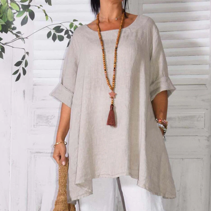 Женская летняя одежда большого размера однотонный топ из хлопка и льна с
