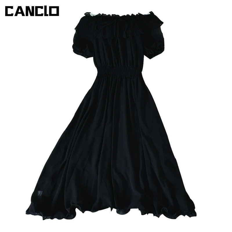 

Женское летнее однотонное платье миди с открытыми плечами, коротким рукавом, рюшами и эластичным поясом