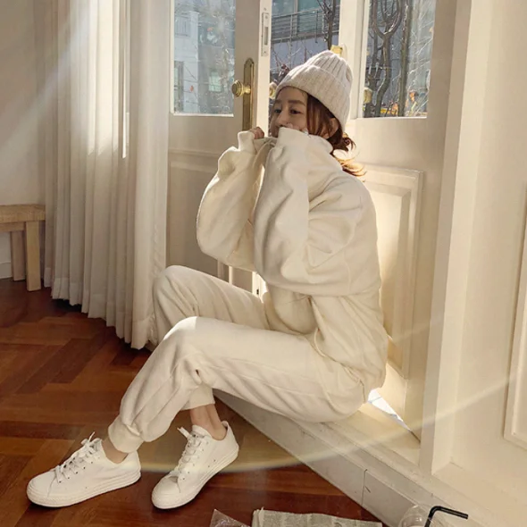 

SuperAen Loose Solid All Match Drawstring Turtleneck Pullover Plus Cashmere Sweatshrt Set for Women
