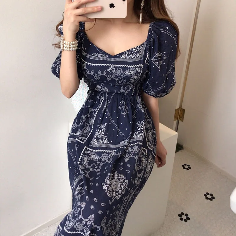 

2021 Summer Office Working Woman Dresses One-Piece Korean Square Neck Ethnic Print Chiffon Dress Korean Puff Sleeve Midi Dress