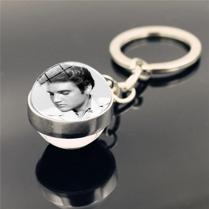 Elvis Presley Crystal Keychain Charms Jewelry Double Side Glass Ball Bag Pendant Key Chain Metal Key Ring Holder Star Fan Gift