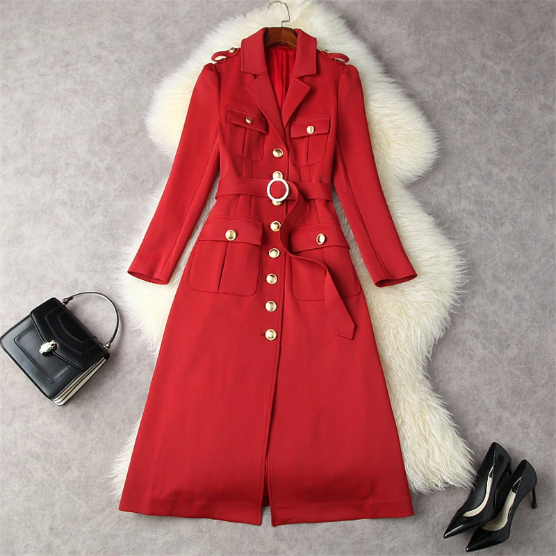 

Outerwear For Autumn Winter 2021 Women Trench Coat Military Style Long Jackets Fashion Luxury Designer Clothing Windbreaker Red
