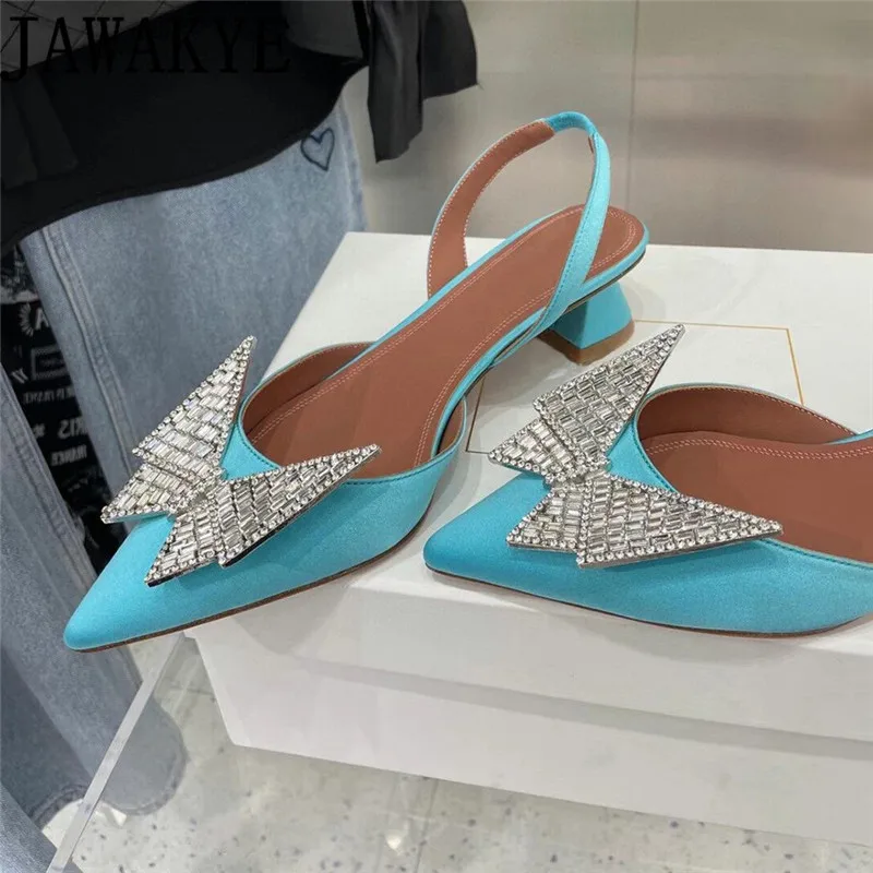 

Sexy Satin Pointy toe Low heel Sandals Women crystal Butterfly Decorate Slingback Summer Hot Luxury Brand Wedding Party Shoes