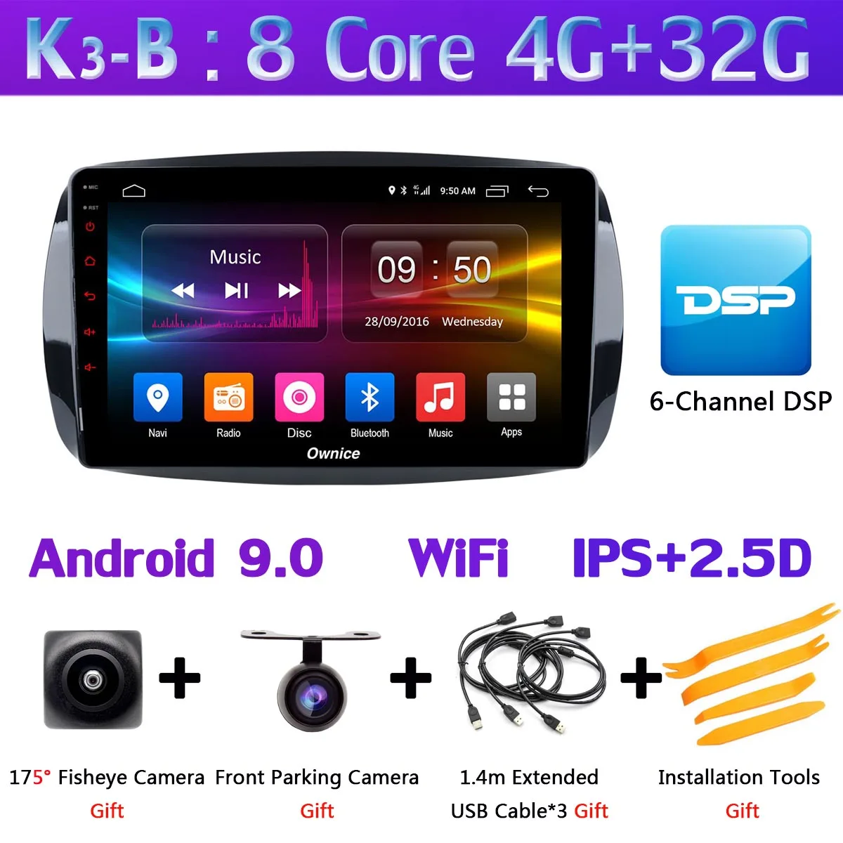 K3-B 360 ° камера 4G LTE Android 9,0 4G+ 64G SPDIF DSP CarPlay Автомобильный мультимедийный плеер для Mercedes Benz Smart Fortwo- gps радио - Цвет: K3-B