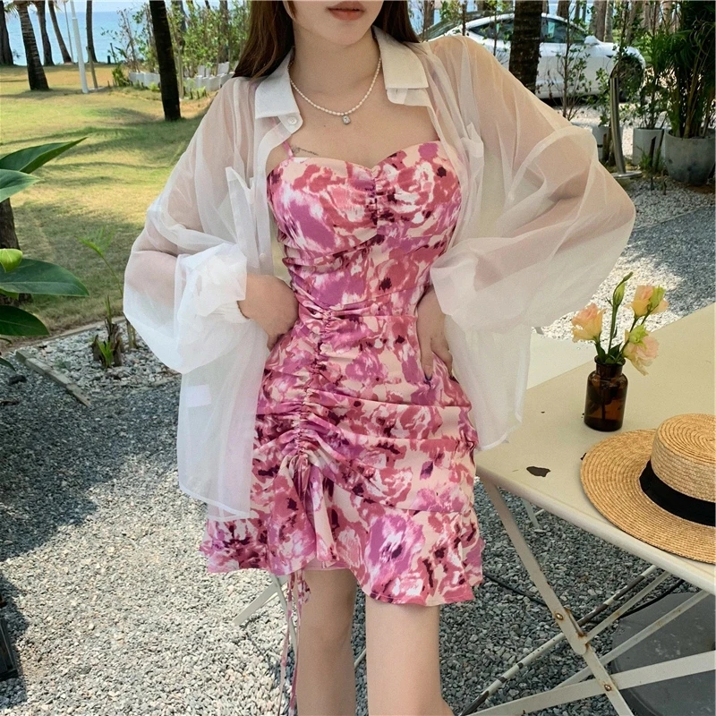 

Vintage Floral Print Dress Lady Sexy Sleeveless Ruffle A-line Sling Dress Casual Polyester Oversize Ruched Women Strap Dress