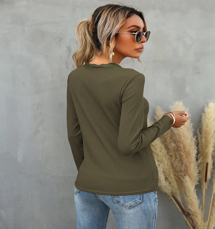 

2021 Fashion Pure Color Casual Street New T-Shirt Women's Long Sleeve T-shirt Spring Autumn Buttons Sexy V-neck Slim Top Crop