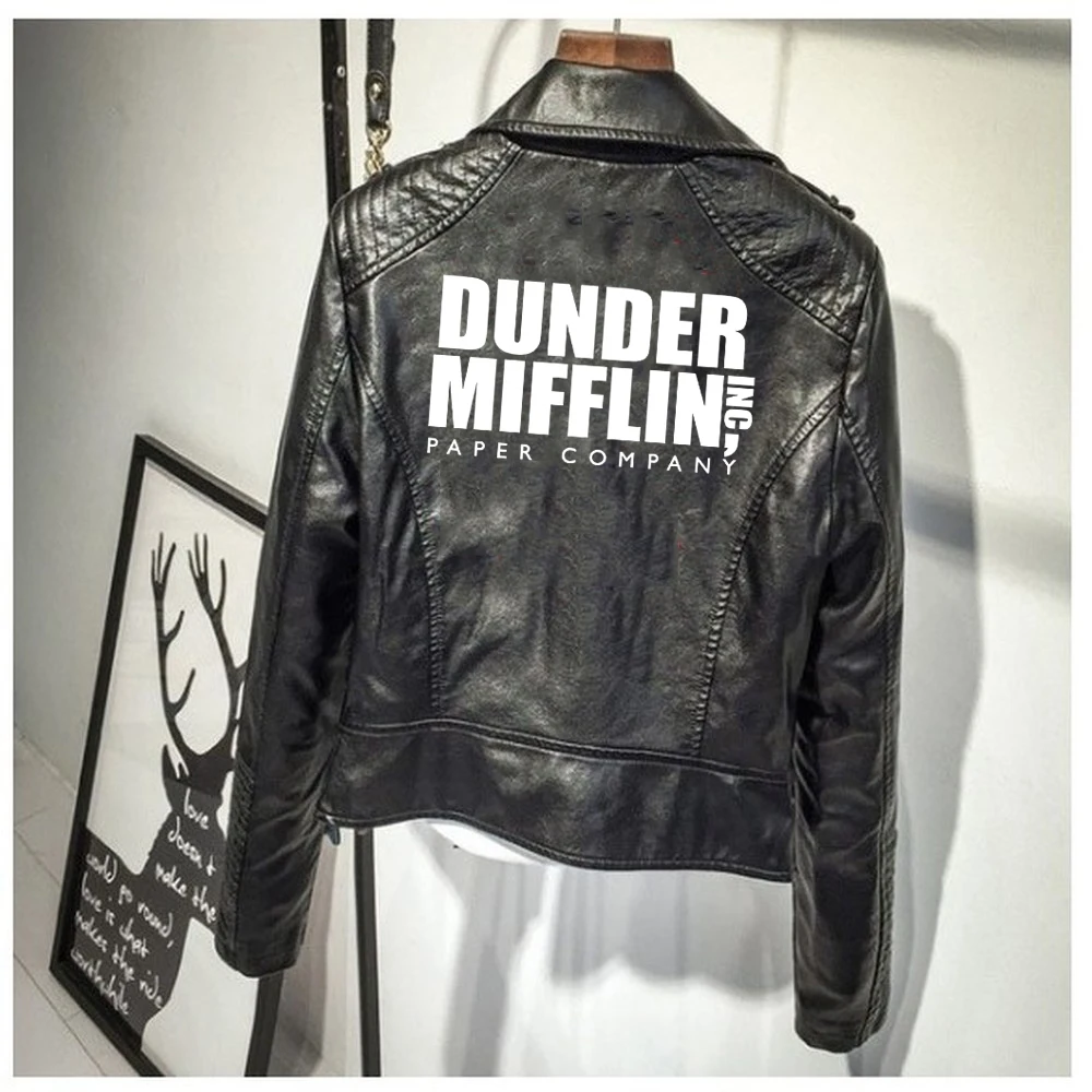 

Dunder Mifflin Print PU Leather Jacket Paper Company Dunder Mifflin Women Leather Jacket