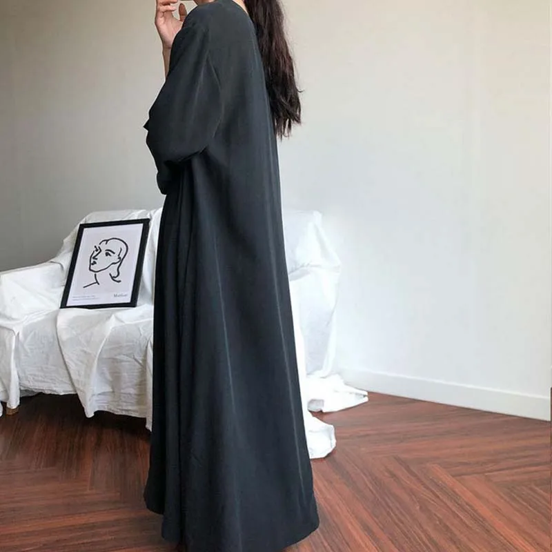 

Shirt Plus Size Casual Maxi Solid Color Oversize Fashion Loose V-neck Lace Up Long Sleeve Dress for Women Ankle-Length