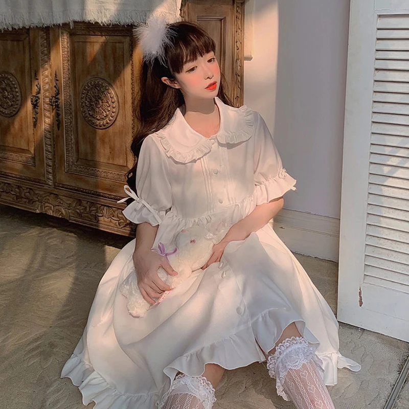 

Summer 2020 New Gothic Lolita Small Fresh Student Ruffles Short Sleeve Long Dress Sweet Cute Doll Collar Lolita White Dress