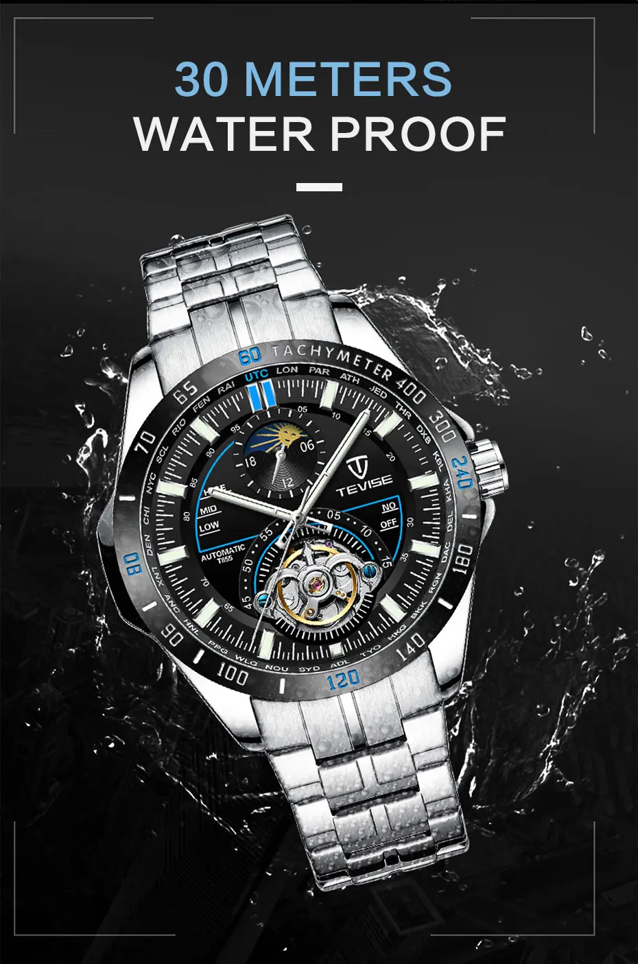 Tevise бренд Роскошный механический автоматический часы Tourbillon модные мужские часы из нержавеющей стали для мужчин Relogio Masculino подарки