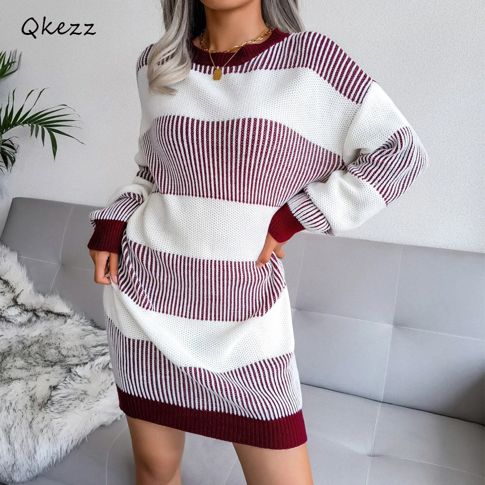 

Qkezz Women Sweaters Knitted Dresses Striped Loose Elegant O Neck Jumper Winter Midi Dress Oversize Korean Fashion Pullover