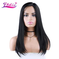 lydia long straight synthetic hair wigs with free side bang for african american women natural black 16 inch kanekalon daily wig