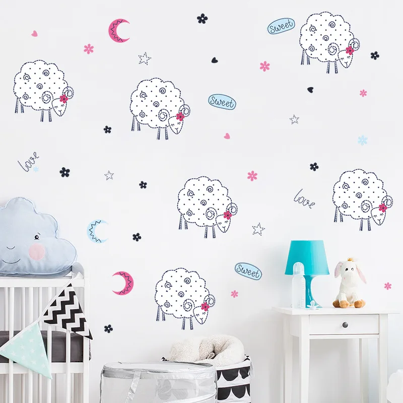 

Cartoon Little Sheep Moon Stars Wall Sticker Bedroom Kids Baby Rooms Home Decorations Mural Kindergarten Wallpaper Cute Stickers