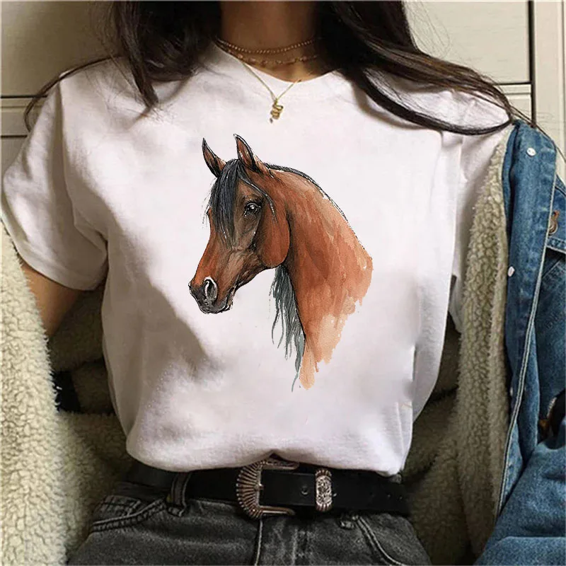 

Fashion Trend New T-shirt unny Watercolor Horse Printed Female T shirt Casual Harajuku Crew Neck Ladies Tshirt