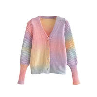 2021 autumn women button down cropped cardigan long sleeve tie dye print cable knit sweater