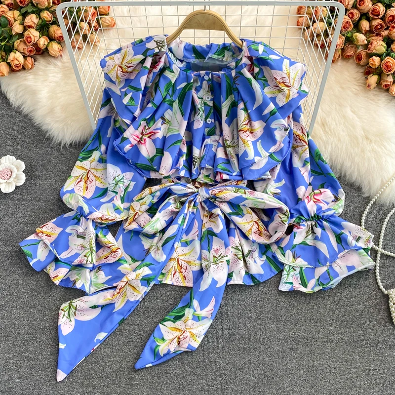 

YIZZHOY Spring Autumn New Women Long sleeve Sweet Gentle Tops Trumpet Sleeve Printed Chiffon Shirt Women's Top