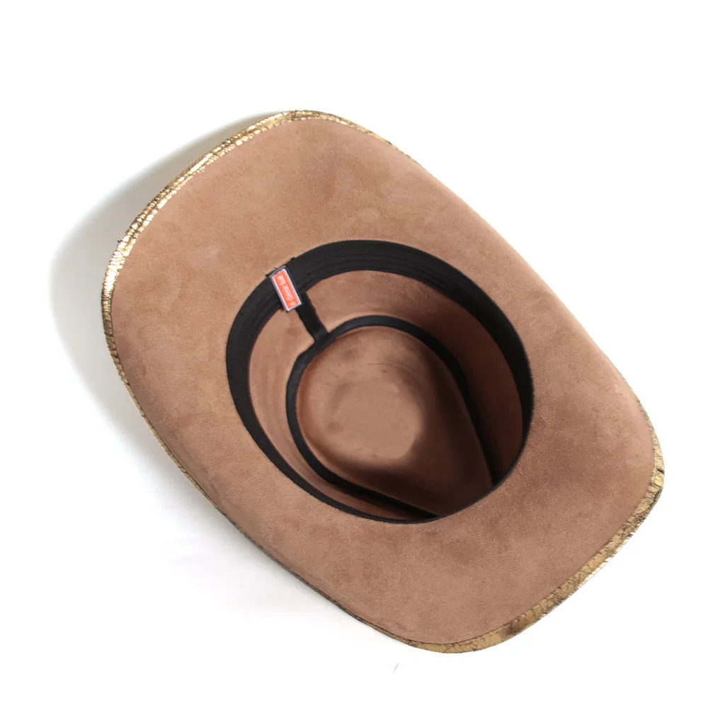 

Men Women Leather Western Cowboy Hats Outdoor Gold Rill Brim Jazz Hat Sombrero Hombre Cowgirl Hat Punk Belt Size 58-59CM