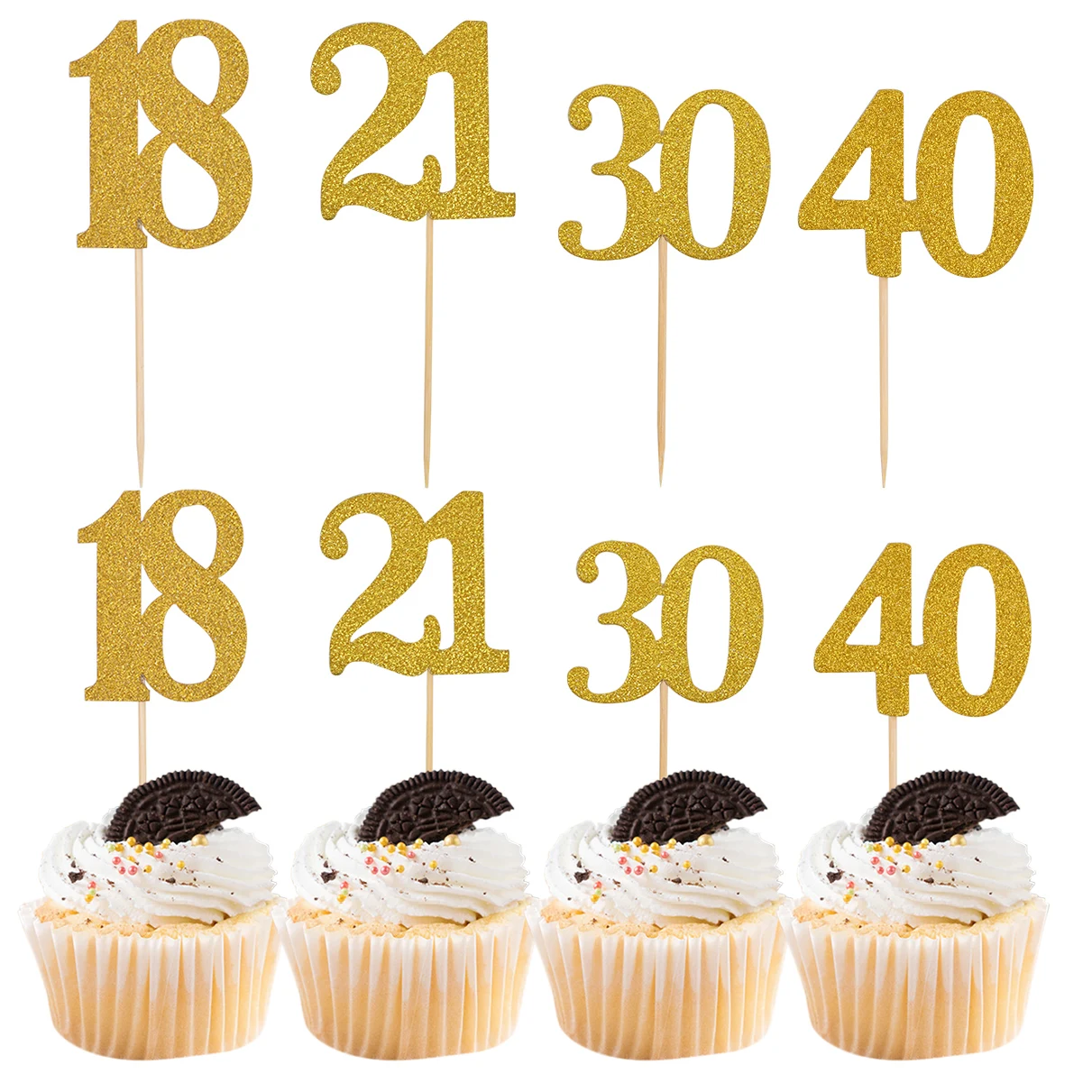 

gold number cake topper 18 21 30 40 50 60 years old birthday party decorations paper cake toppers with stick 10sets