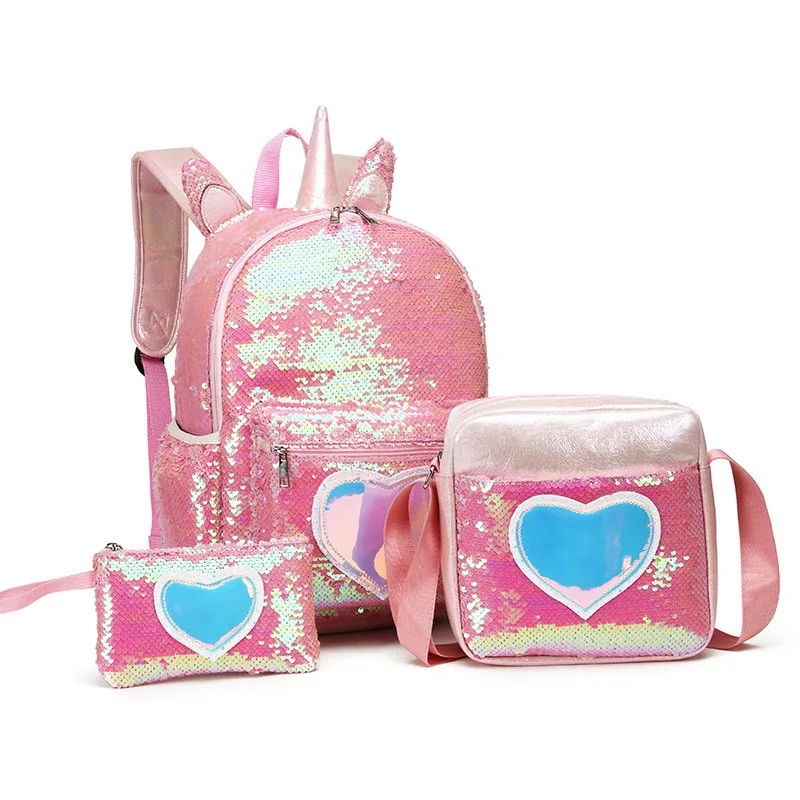 

3pcs/set Sequins Unicorn Backpack Fashion Girl Glitter School Book Bag Girls Cute Hologram Laser PU Leather Travel Backpacks
