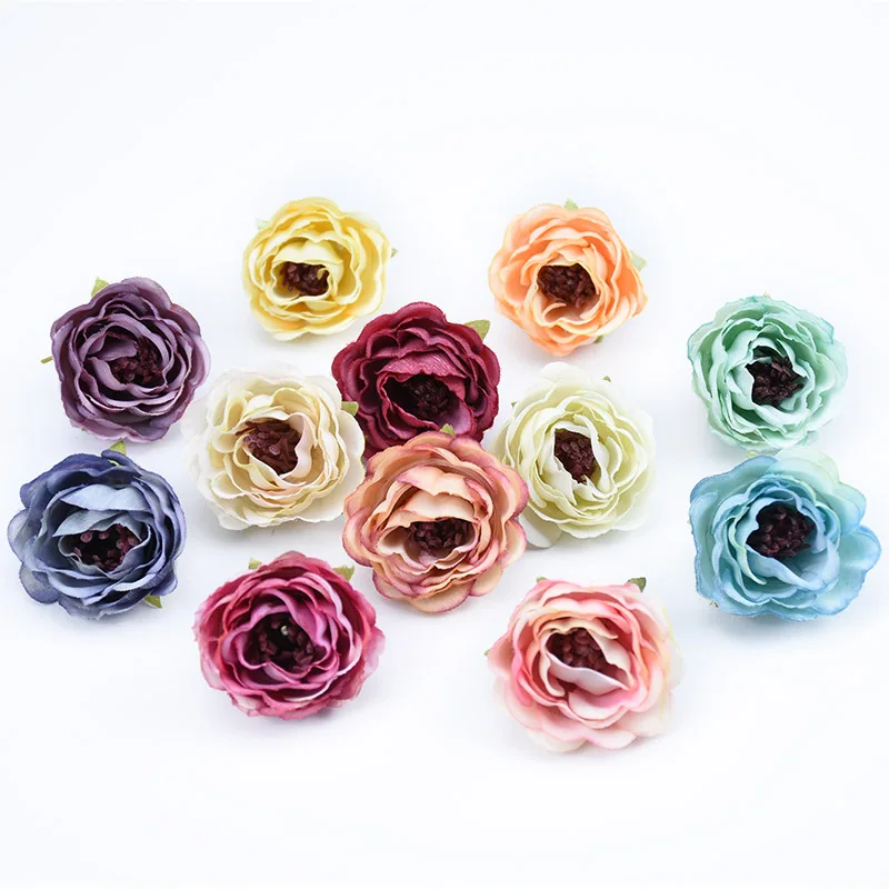 100Pcs 4Cm Silk Peonies Roses Heads Christmas Wedding Home Decor Diy Gifts Candy Box Artificial Flowers for Decoration Brooch